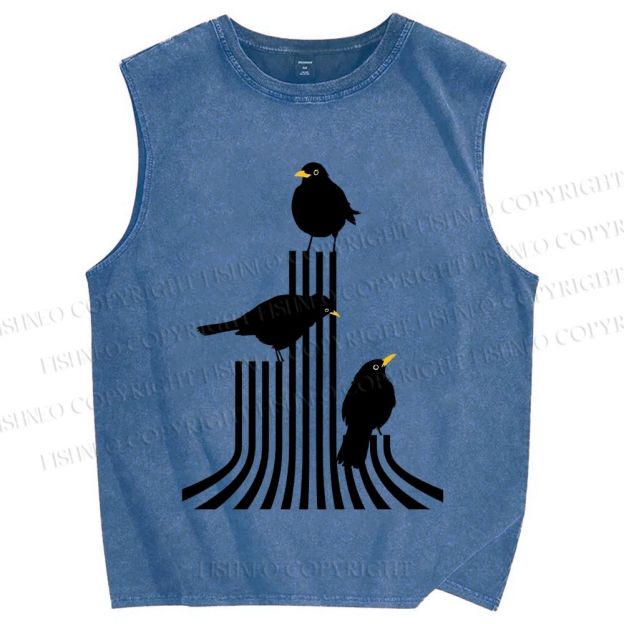 Unisex Line Bird Printed Washed Tank Top