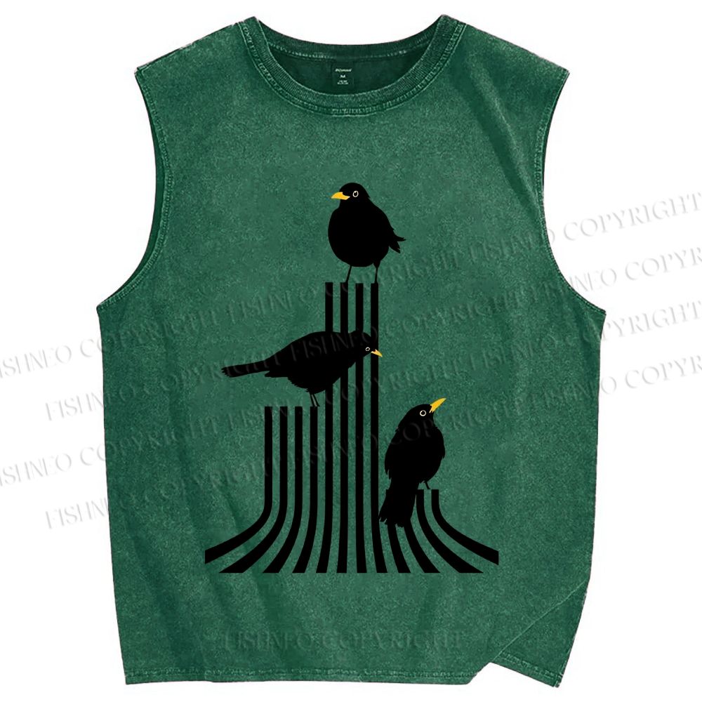 Unisex Line Bird Printed Washed Tank Top