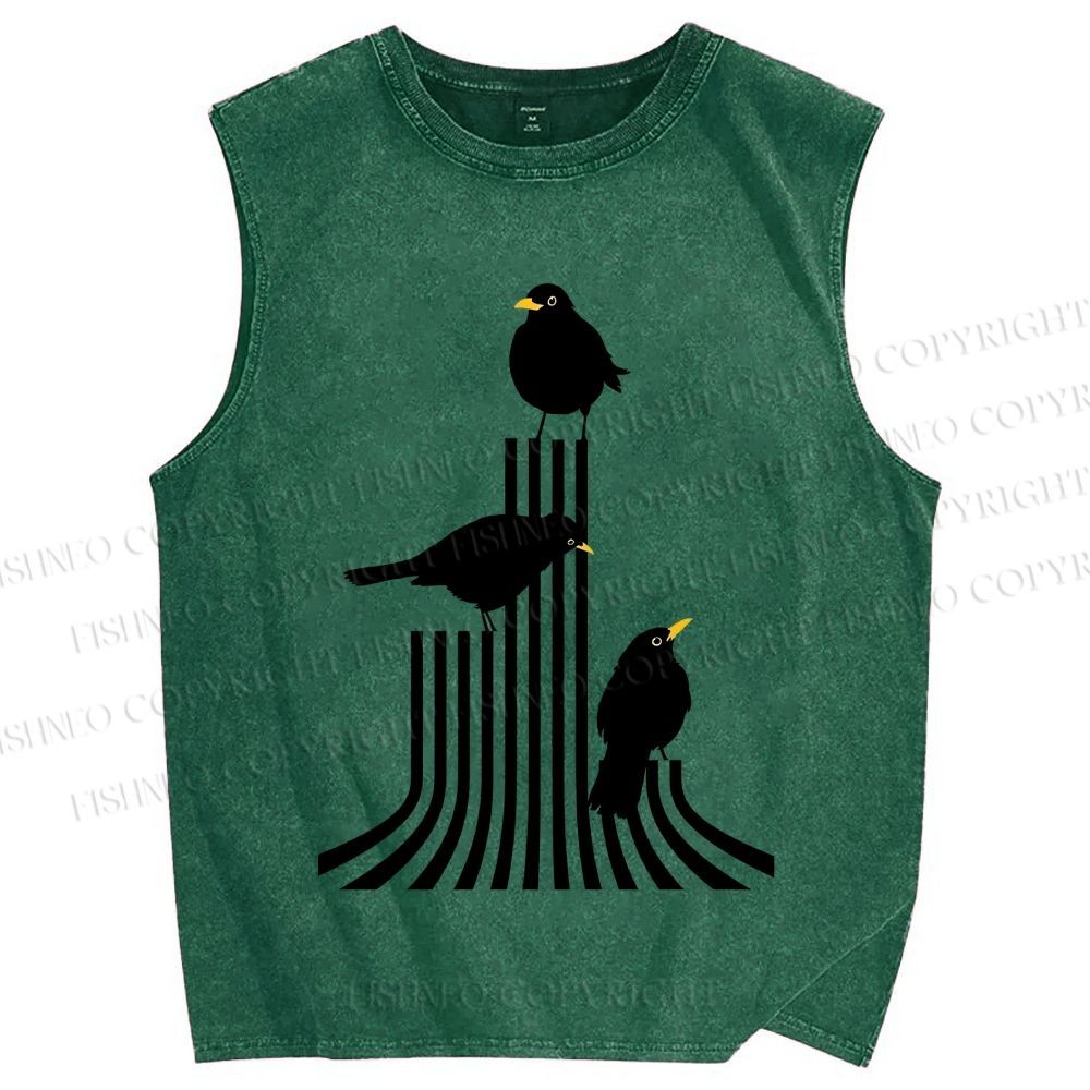 Unisex Line Bird Printed Washed Tank Top