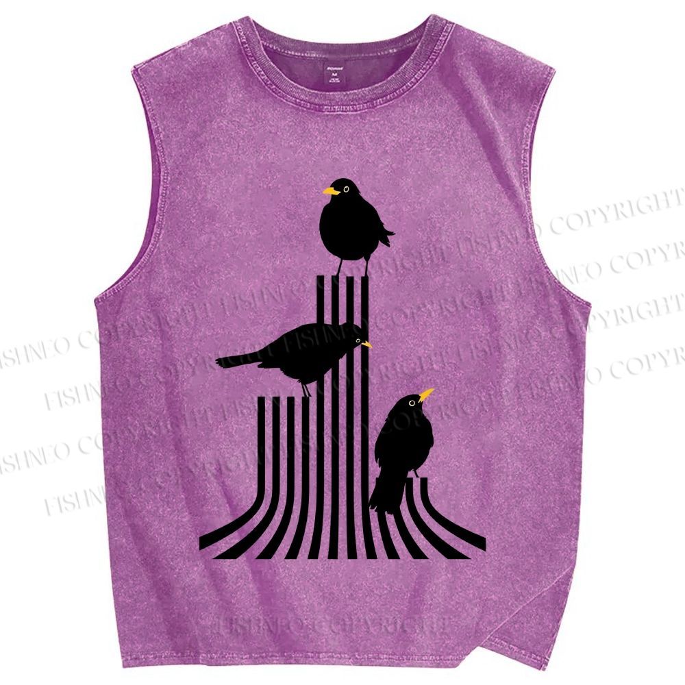 Unisex Line Bird Printed Washed Tank Top