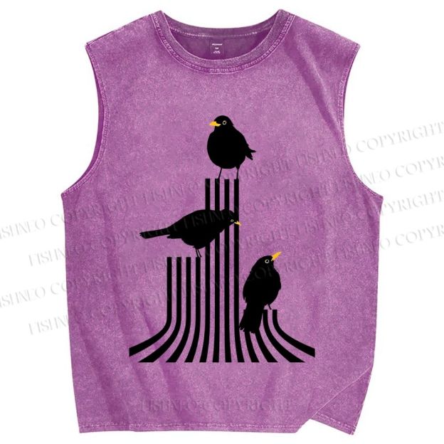 Unisex Line Bird Printed Washed Tank Top