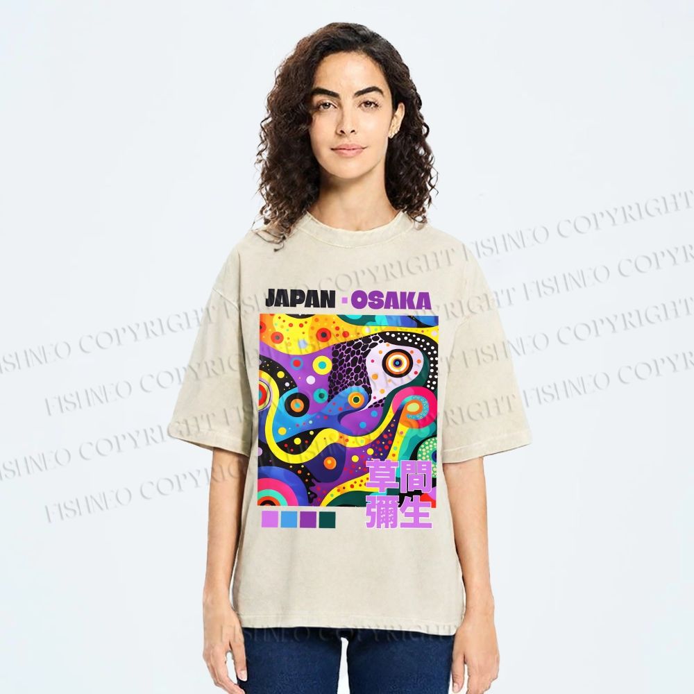 Unisex Yayoi Kusama Abstract Colorful Geometry Printed Washed Tee