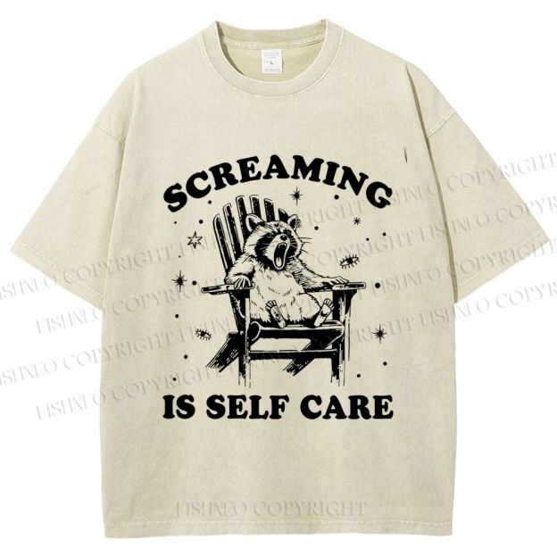 Unisex Screaming Is Self Care Raccoon Printed Washed Tee