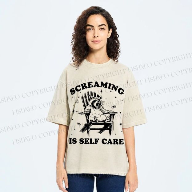 Unisex Screaming Is Self Care Raccoon Printed Washed Tee