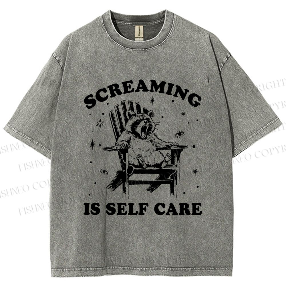 Unisex Screaming Is Self Care Raccoon Printed Washed Tee