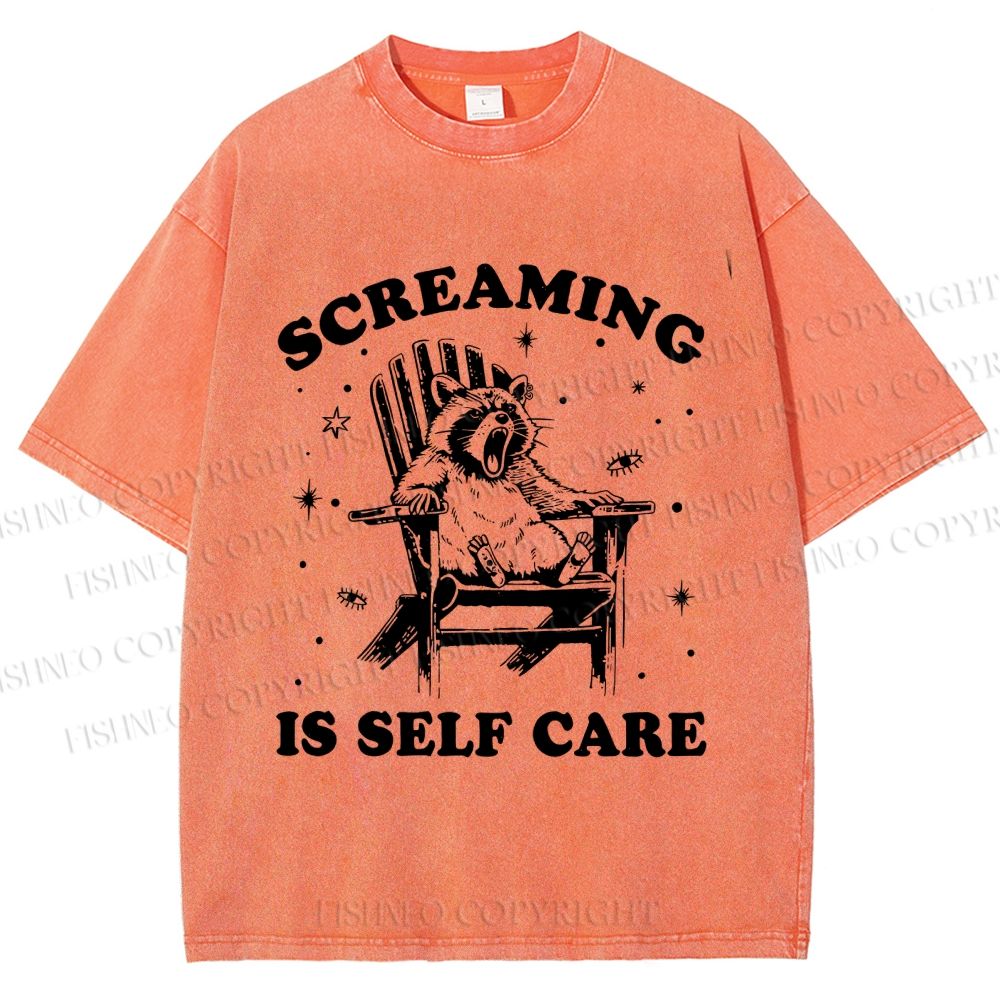 Unisex Screaming Is Self Care Raccoon Printed Washed Tee