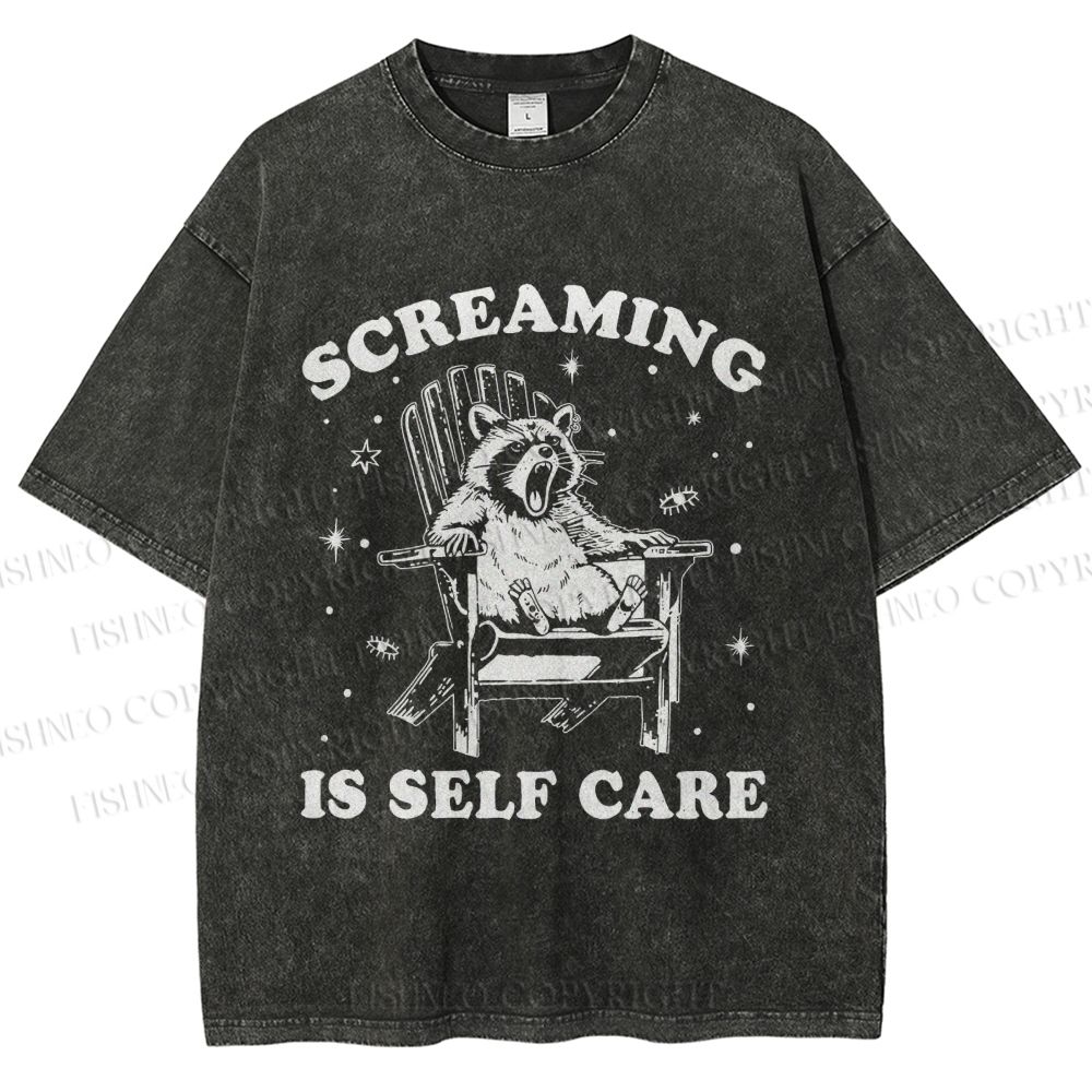 Unisex Screaming Is Self Care Raccoon Printed Washed Tee