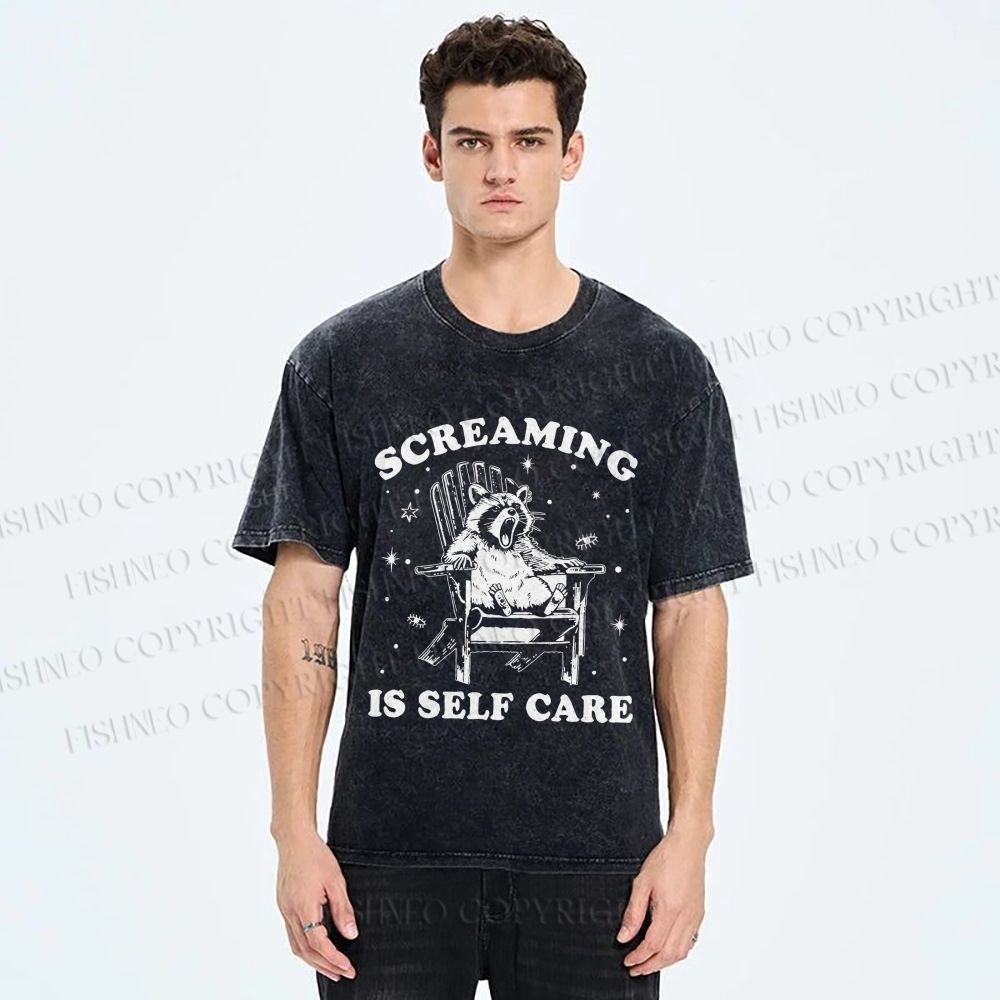 Unisex Screaming Is Self Care Raccoon Printed Washed Tee