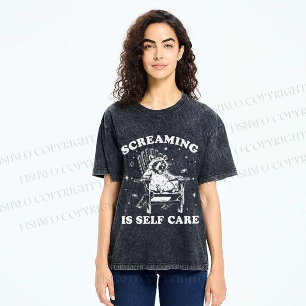 Unisex Screaming Is Self Care Raccoon Printed Washed Tee