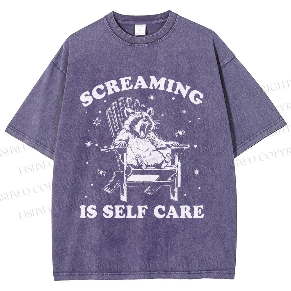 Unisex Screaming Is Self Care Raccoon Printed Washed Tee