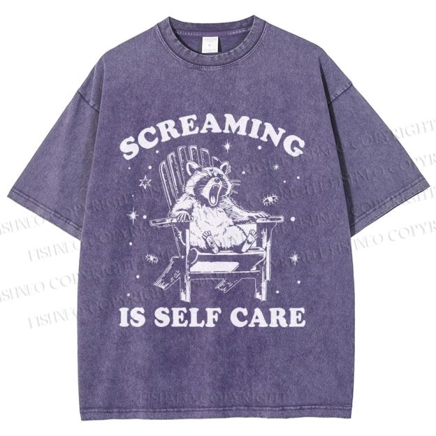 Unisex Screaming Is Self Care Raccoon Printed Washed Tee