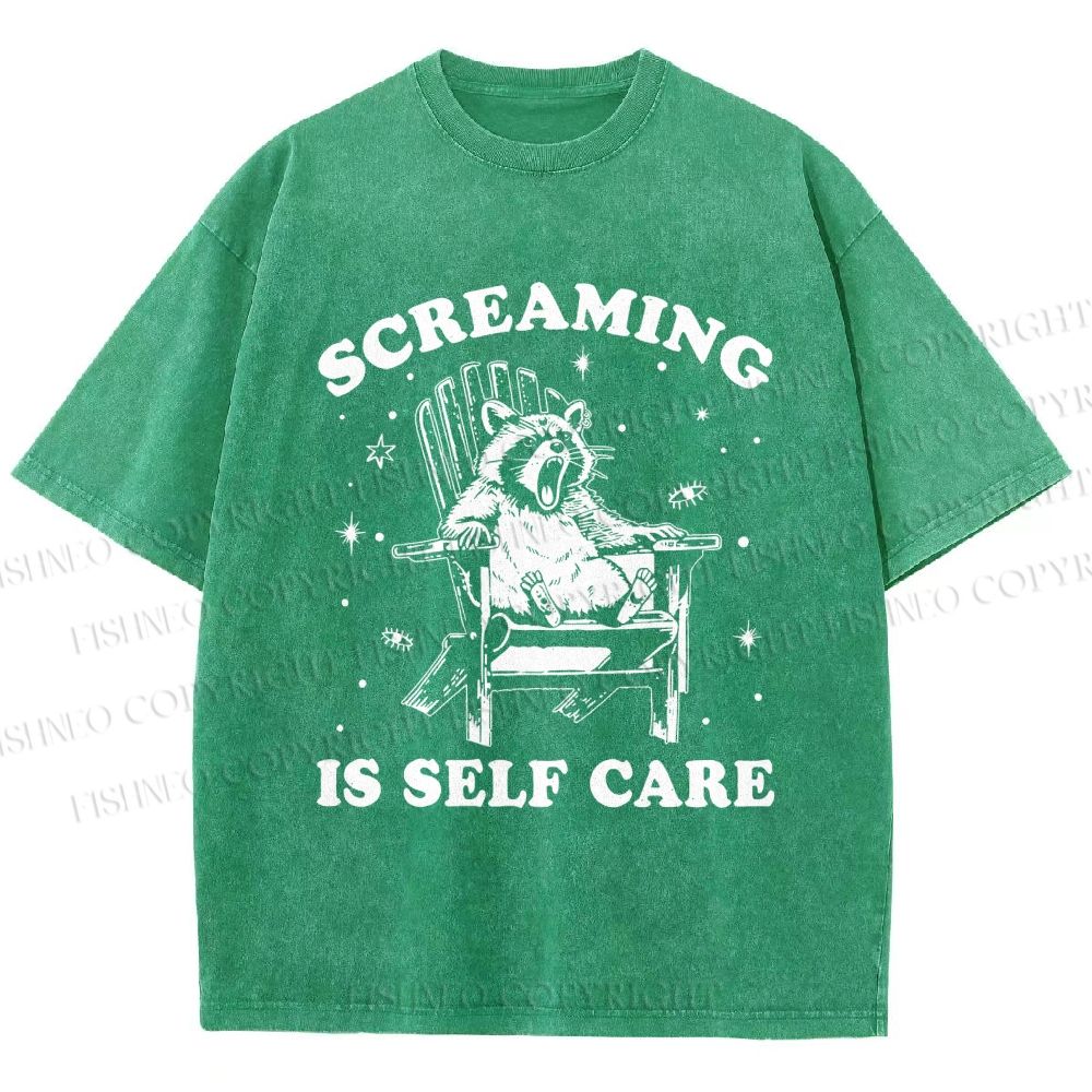 Unisex Screaming Is Self Care Raccoon Printed Washed Tee