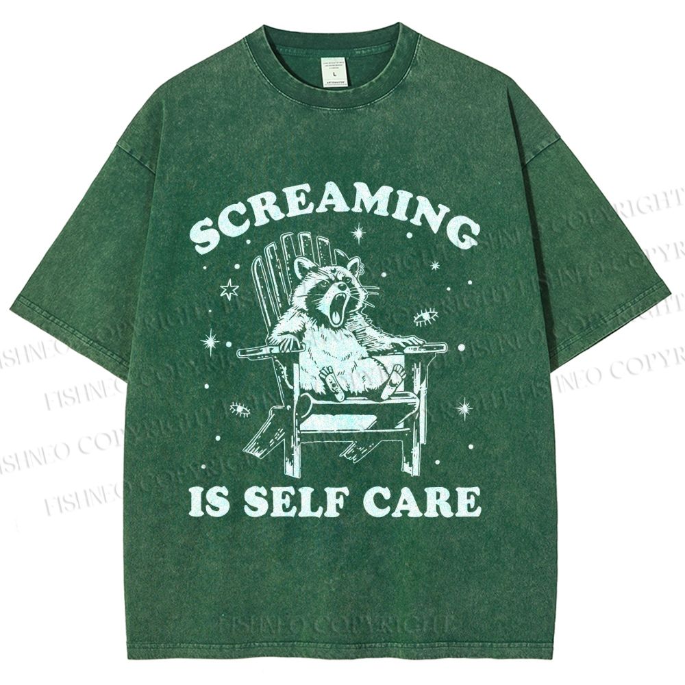 Unisex Screaming Is Self Care Raccoon Printed Washed Tee