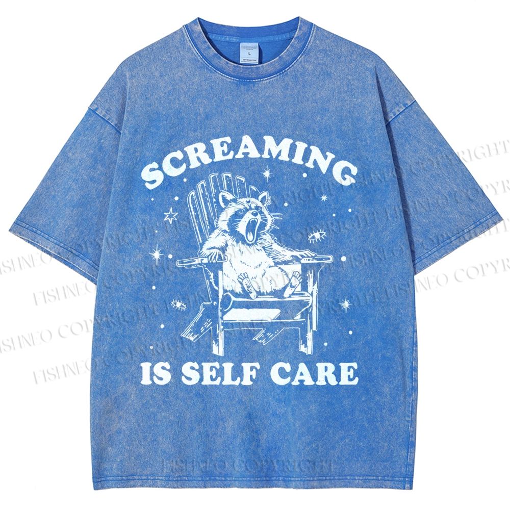 Unisex Screaming Is Self Care Raccoon Printed Washed Tee