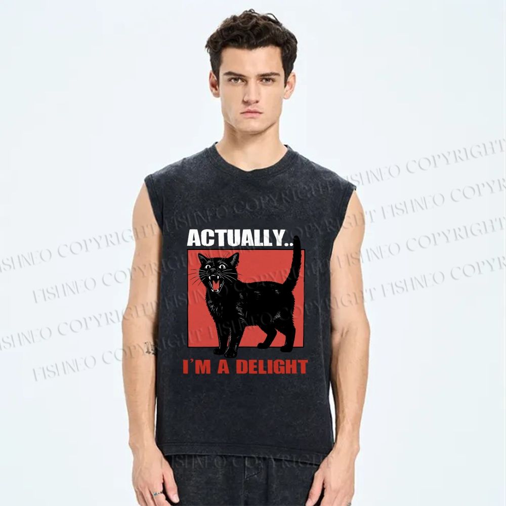 Unisex Actually I'm a Delight Black Cat Printed Washed Tank Top