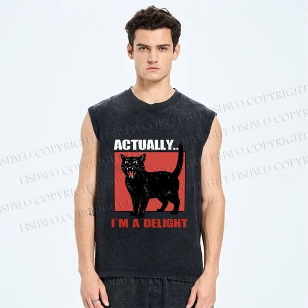 Unisex Actually I'm a Delight Black Cat Printed Washed Tank Top