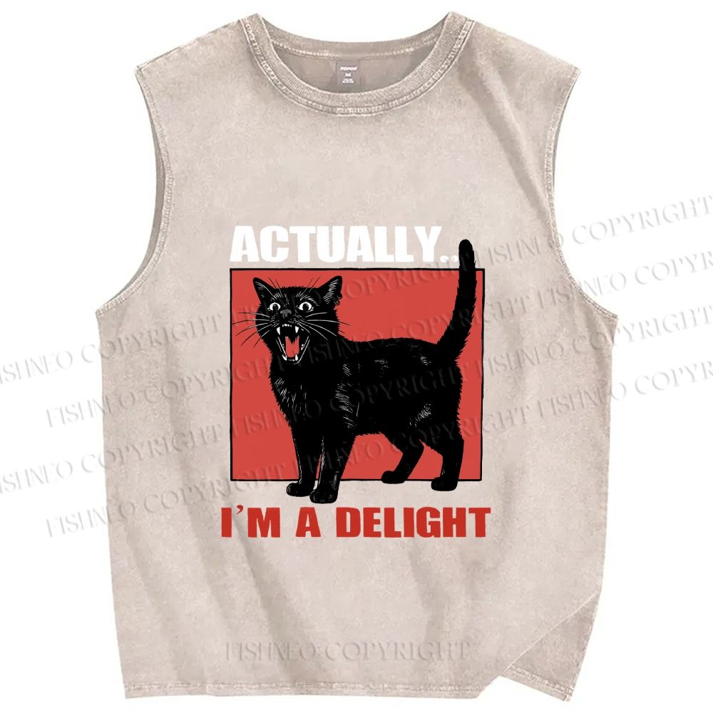 Unisex Actually I'm a Delight Black Cat Printed Washed Tank Top