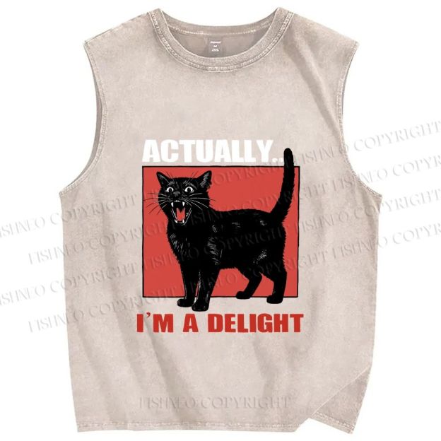 Unisex Actually I'm a Delight Black Cat Printed Washed Tank Top