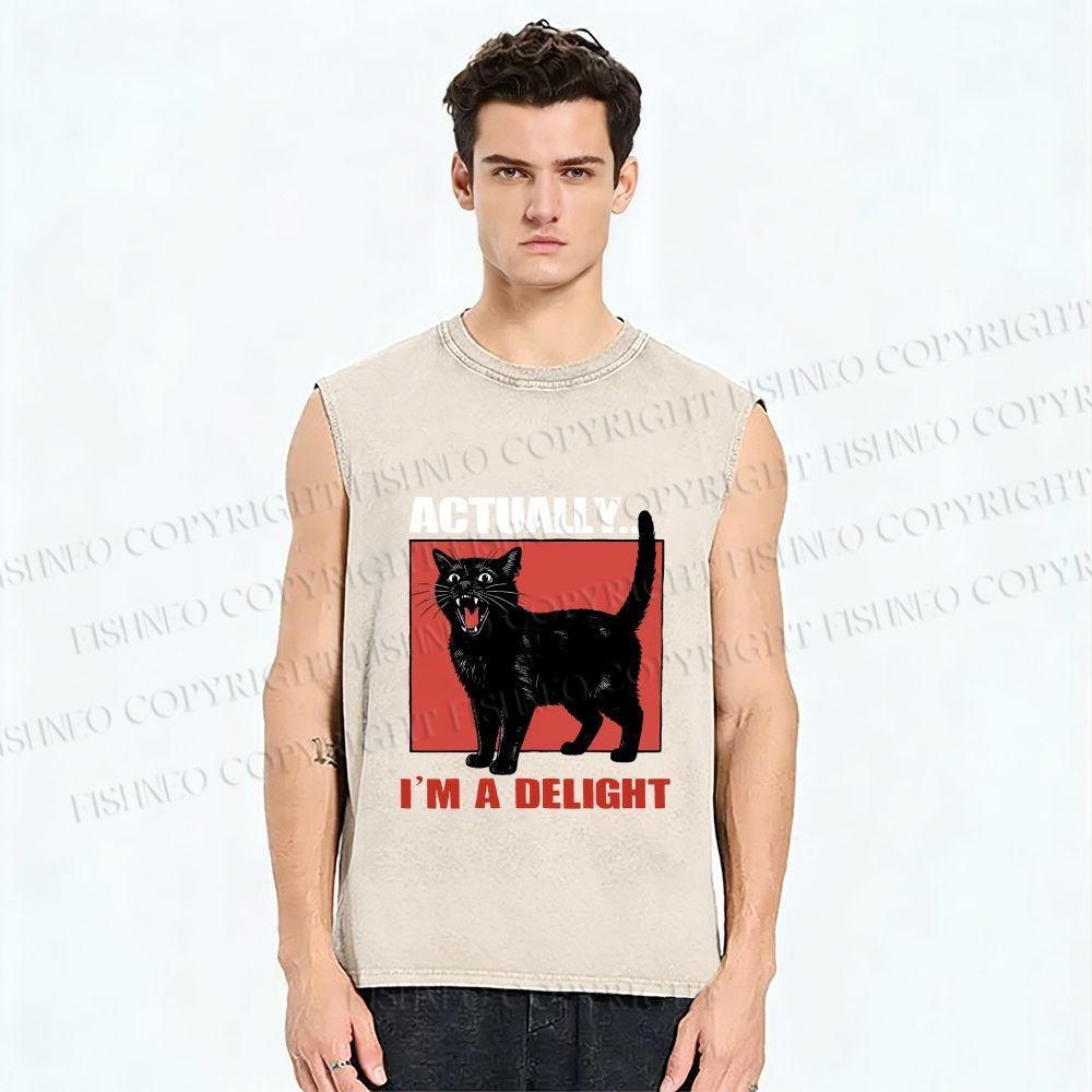 Unisex Actually I'm a Delight Black Cat Printed Washed Tank Top