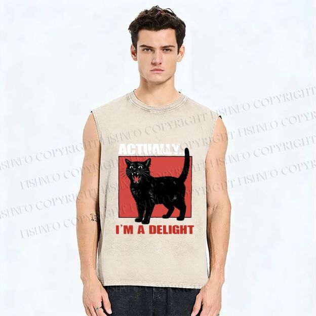 Unisex Actually I'm a Delight Black Cat Printed Washed Tank Top