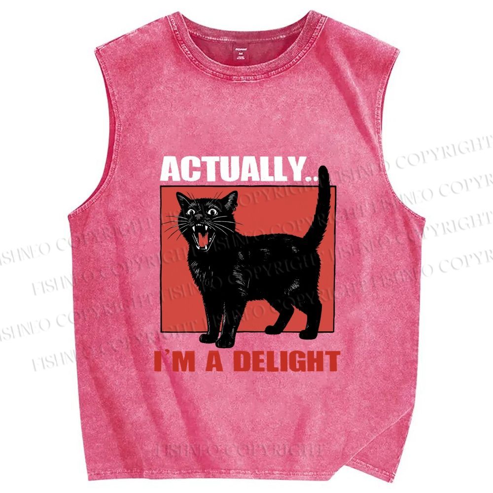 Unisex Actually I'm a Delight Black Cat Printed Washed Tank Top