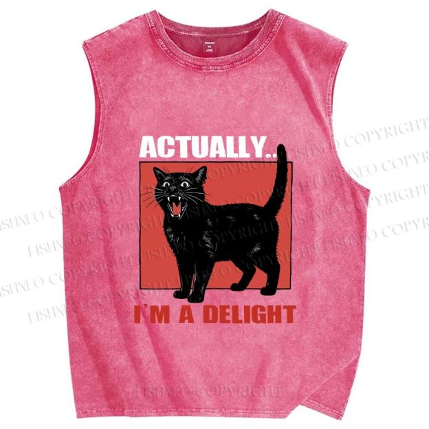 Unisex Actually I'm a Delight Black Cat Printed Washed Tank Top