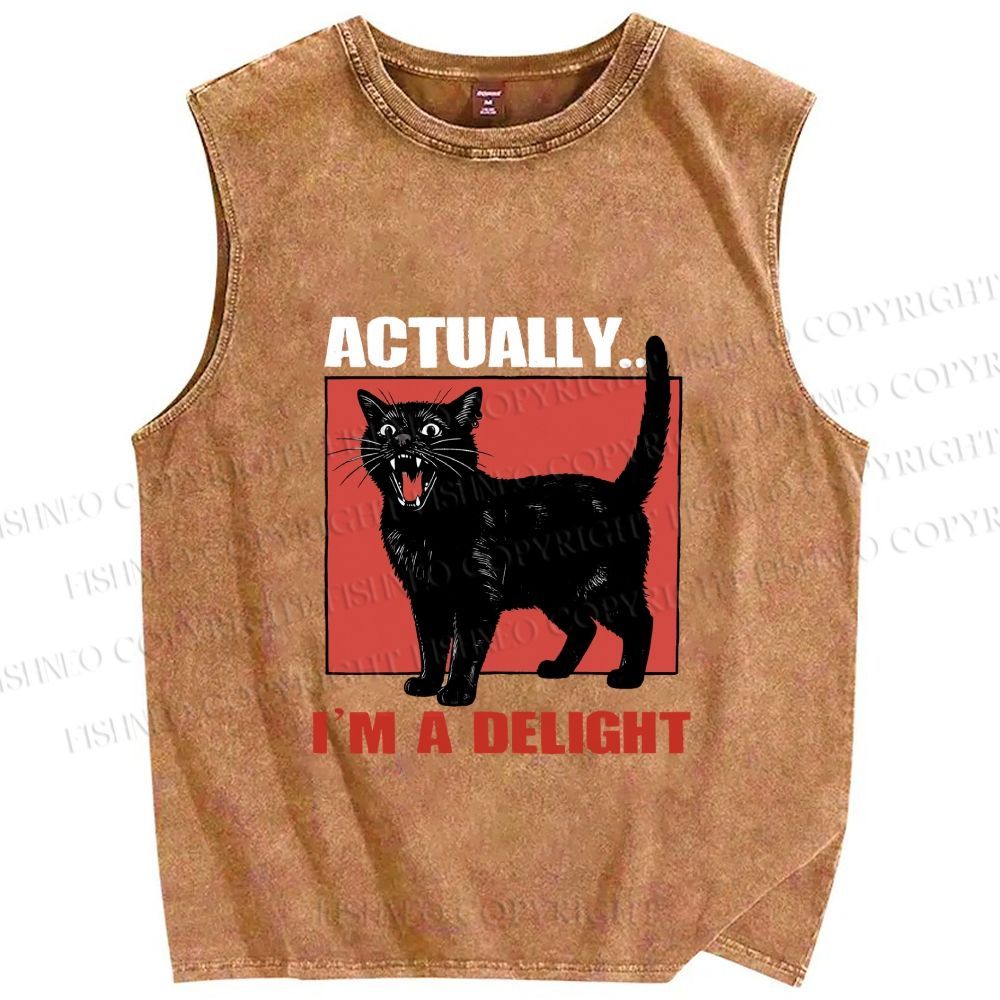 Unisex Actually I'm a Delight Black Cat Printed Washed Tank Top