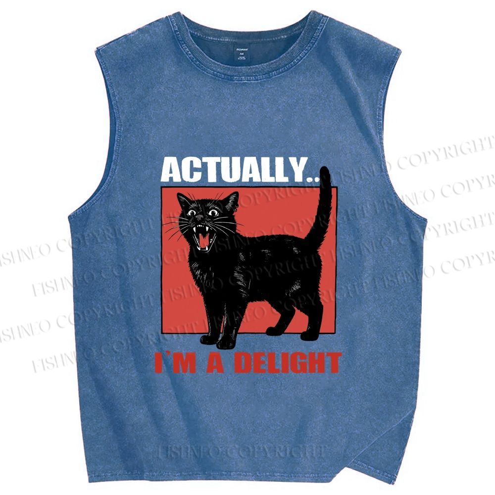 Unisex Actually I'm a Delight Black Cat Printed Washed Tank Top