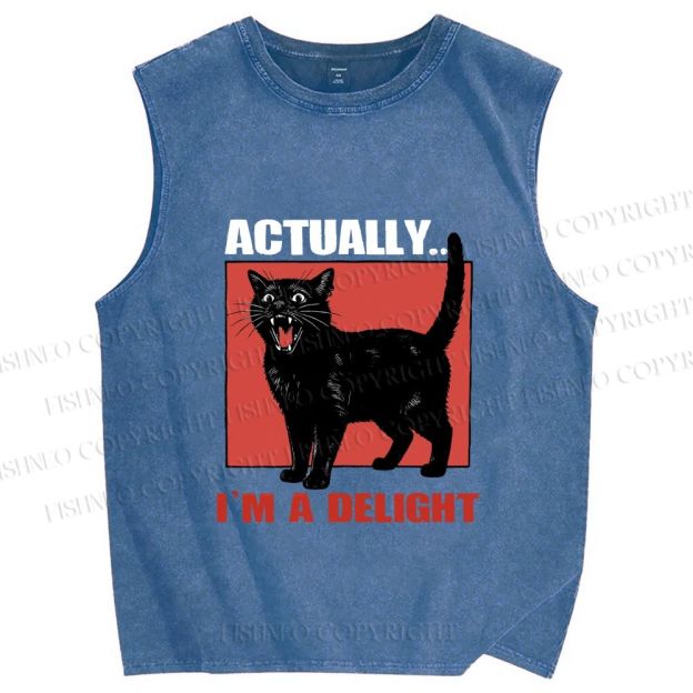 Unisex Actually I'm a Delight Black Cat Printed Washed Tank Top