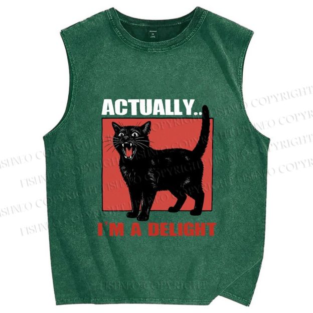 Unisex Actually I'm a Delight Black Cat Printed Washed Tank Top