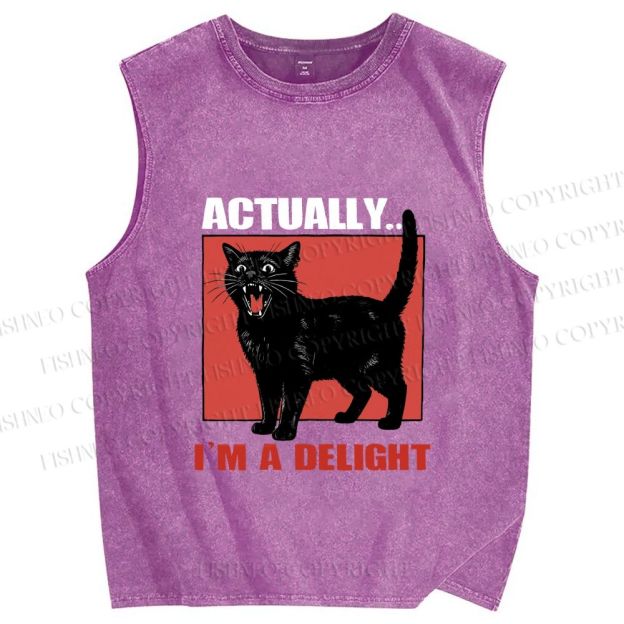 Unisex Actually I'm a Delight Black Cat Printed Washed Tank Top