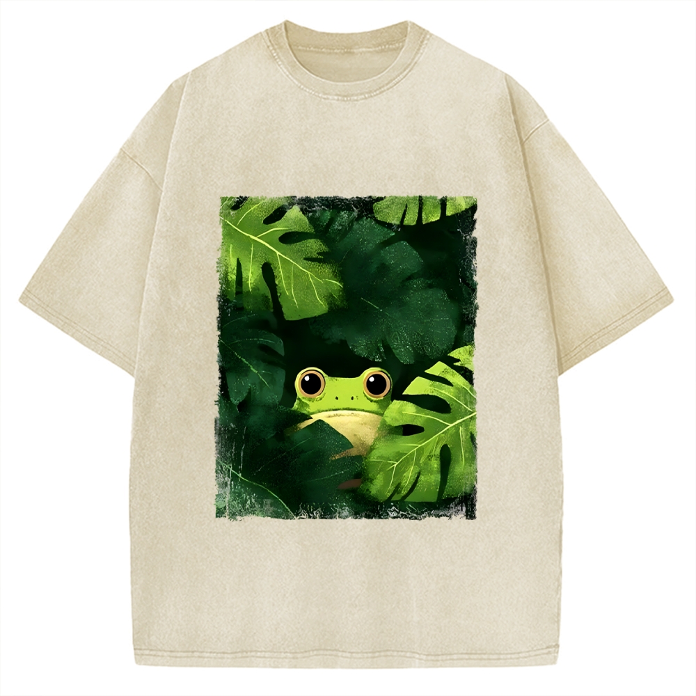 Unisex Frog Hiding In Green Leaves Printed Washed Tee