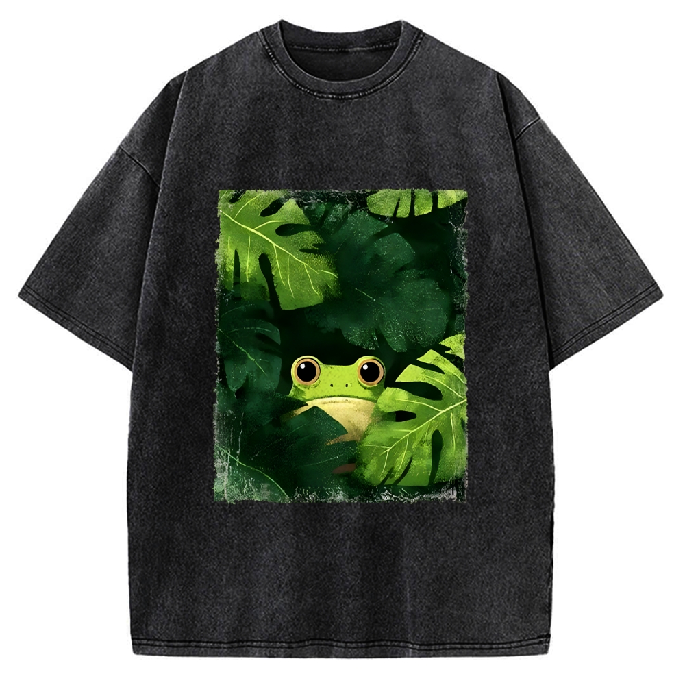 Unisex Frog Hiding In Green Leaves Printed Washed Tee