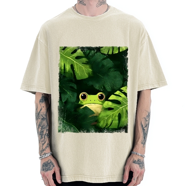 Unisex Frog Hiding In Green Leaves Printed Washed Tee