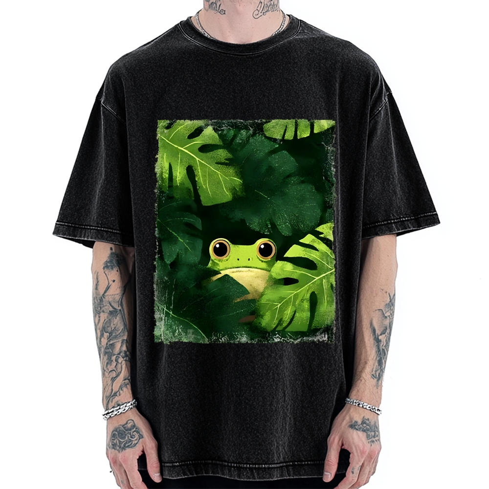 Unisex Frog Hiding In Green Leaves Printed Washed Tee