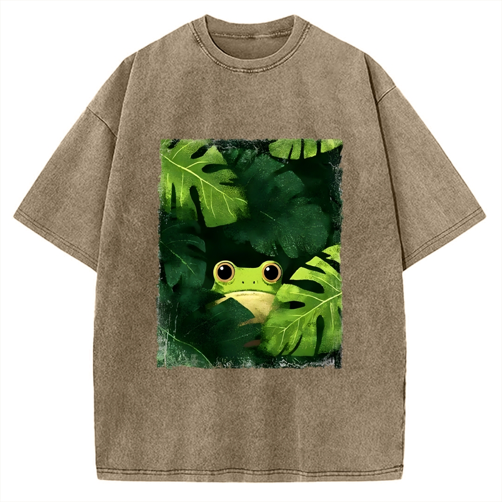 Unisex Frog Hiding In Green Leaves Printed Washed Tee