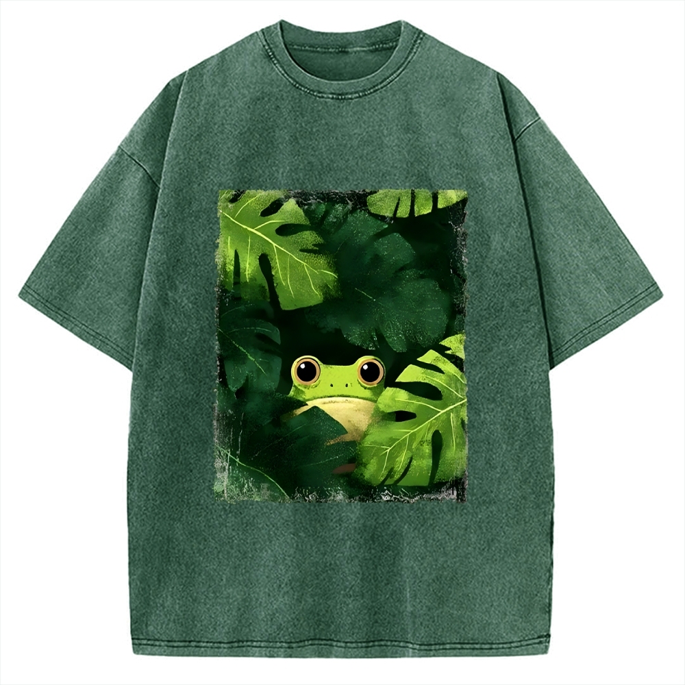 Unisex Frog Hiding In Green Leaves Printed Washed Tee
