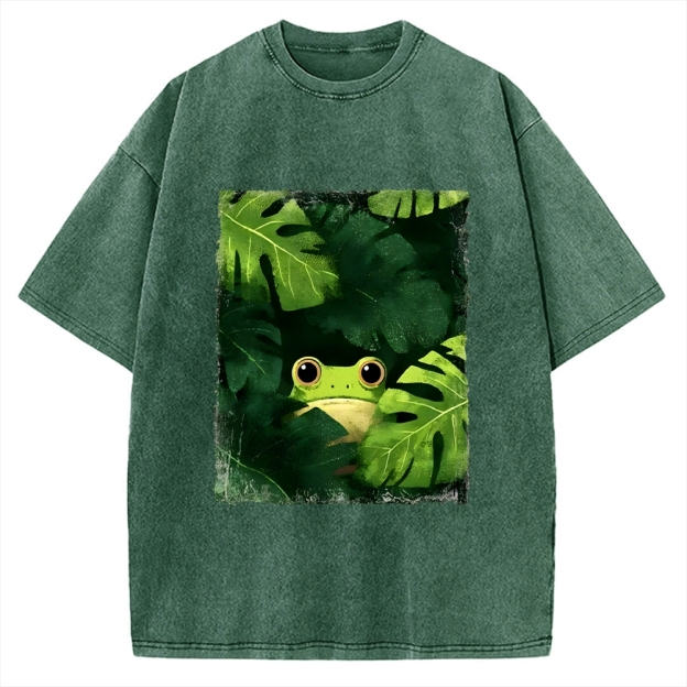 Unisex Frog Hiding In Green Leaves Printed Washed Tee