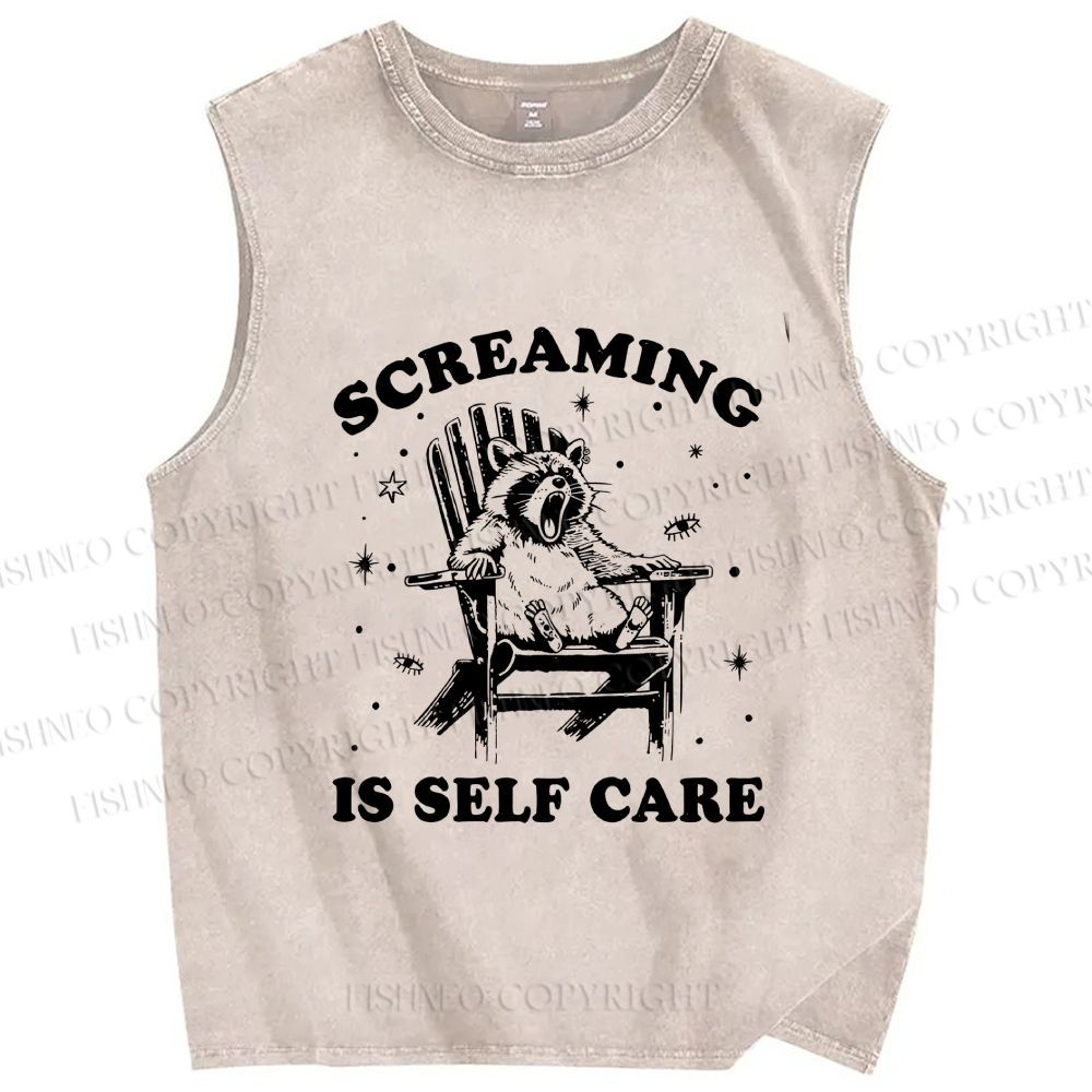 Unisex Screaming Is Self Care Raccoon Printed Washed Tank Top