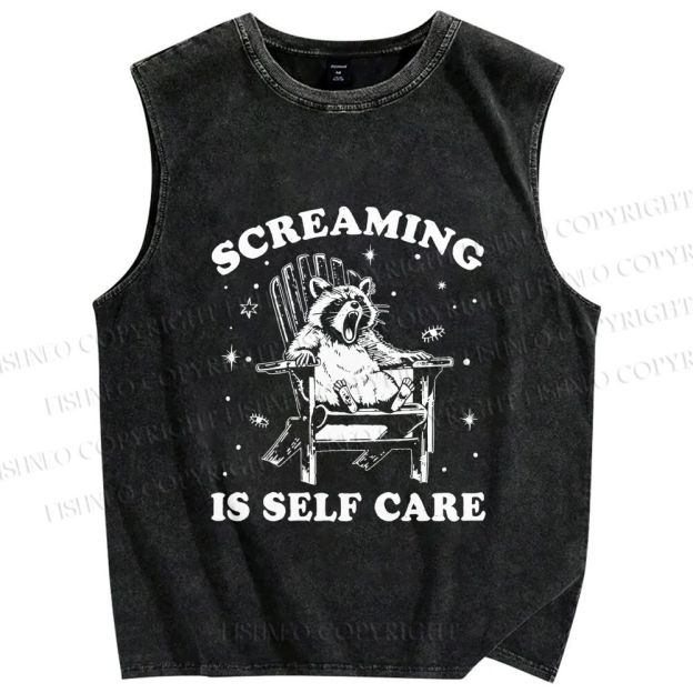 Unisex Screaming Is Self Care Raccoon Printed Washed Tank Top