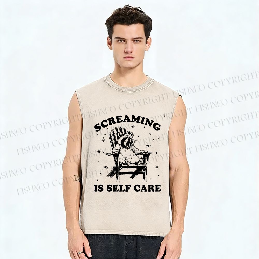 Unisex Screaming Is Self Care Raccoon Printed Washed Tank Top