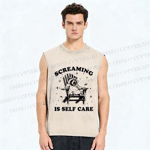Unisex Screaming Is Self Care Raccoon Printed Washed Tank Top
