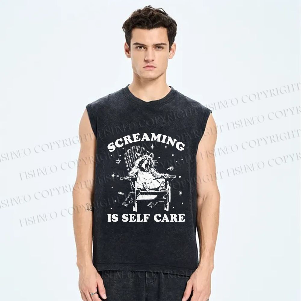 Unisex Screaming Is Self Care Raccoon Printed Washed Tank Top