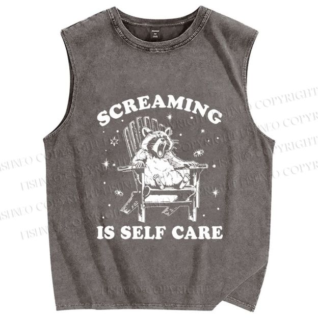 Unisex Screaming Is Self Care Raccoon Printed Washed Tank Top