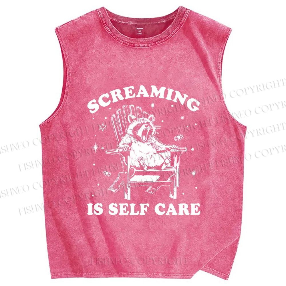 Unisex Screaming Is Self Care Raccoon Printed Washed Tank Top
