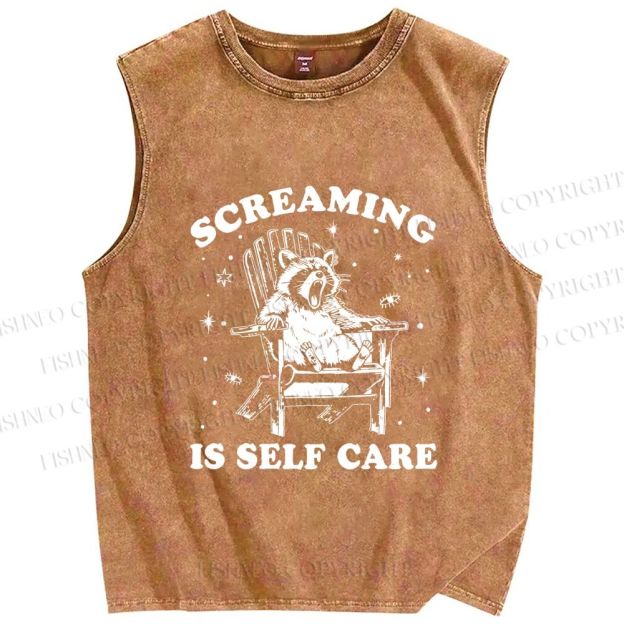 Unisex Screaming Is Self Care Raccoon Printed Washed Tank Top