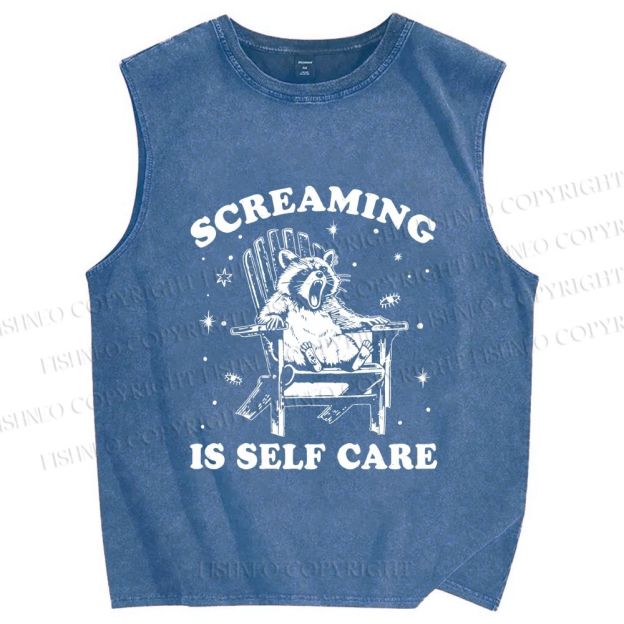 Unisex Screaming Is Self Care Raccoon Printed Washed Tank Top
