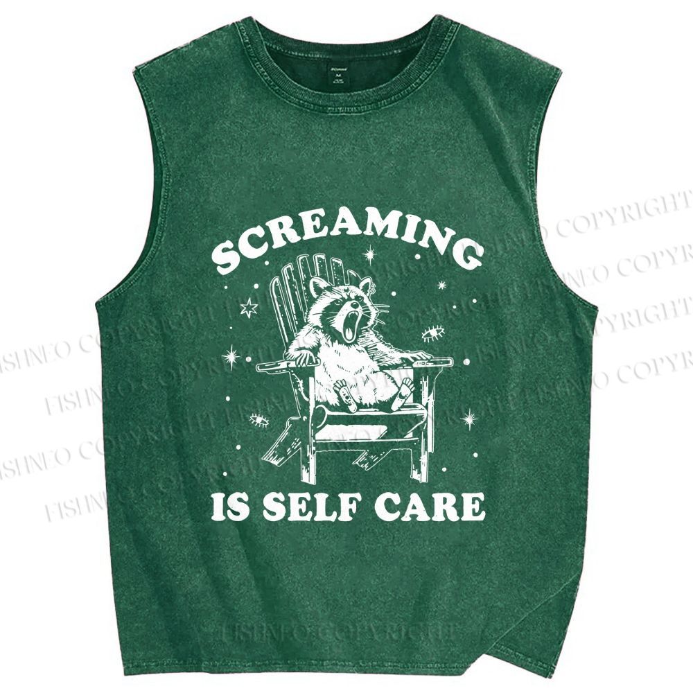 Unisex Screaming Is Self Care Raccoon Printed Washed Tank Top
