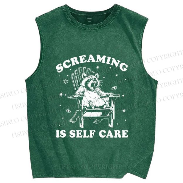 Unisex Screaming Is Self Care Raccoon Printed Washed Tank Top