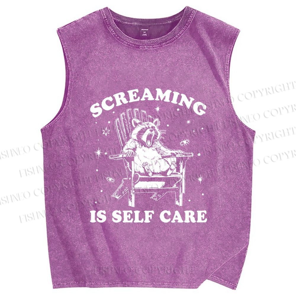 Unisex Screaming Is Self Care Raccoon Printed Washed Tank Top